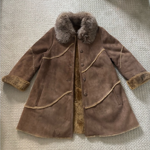 Women's Shearling Fur and Arctic Fox Coat Beige Knee Length Size S/M - Picture 3 of 14